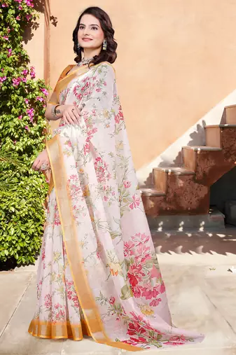 white orange cotton blend saree with floral border print
