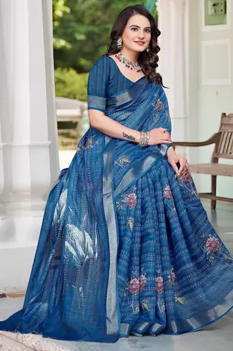 blue cotton blend digital print saree (sfcl126)