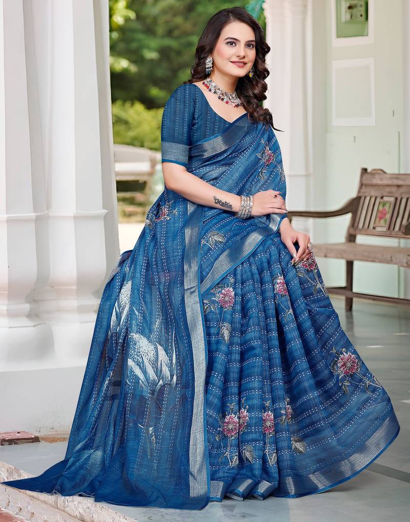 blue cotton blend digital print saree