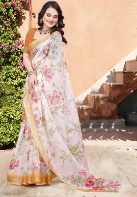white orange cotton blend saree with floral border print 3