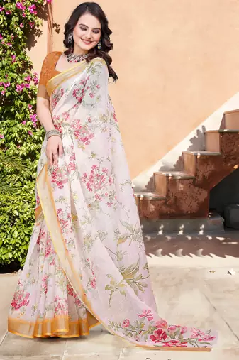 white orange cotton blend saree with floral border print