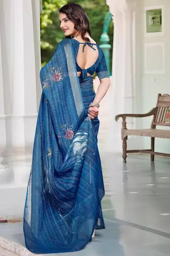 blue cotton blend digital print saree (sfcl126)