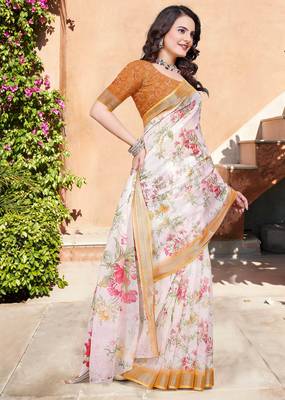 white orange cotton blend saree with floral border print 4