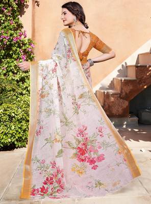 white orange cotton blend saree with floral border print 5