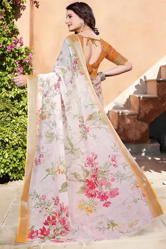 white orange cotton blend saree with floral border print