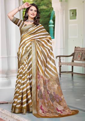 gold brown cotton blend saree with stripe floral print 1