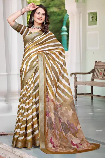 gold brown cotton blend saree with stripe floral print