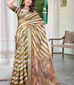 gold brown cotton blend saree with stripe floral print