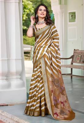 gold brown cotton blend saree with stripe floral print 2