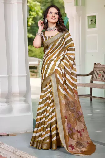 gold brown cotton blend saree with stripe floral print