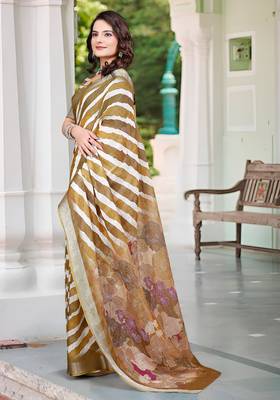 gold brown cotton blend saree with stripe floral print 3