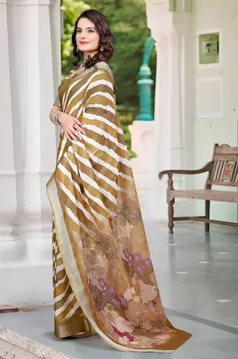 gold brown cotton blend saree with stripe floral print