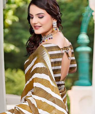 gold brown cotton blend saree with stripe floral print 4