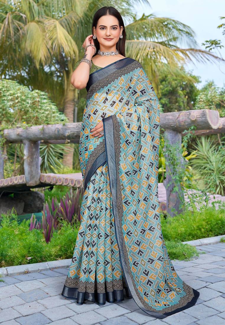 sea green cotton blend digital print saree