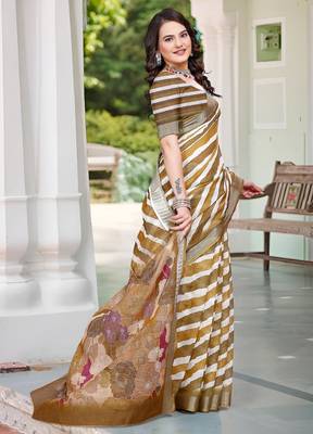 gold brown cotton blend saree with stripe floral print 5