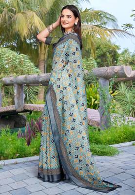 sea green cotton blend digital print saree 2