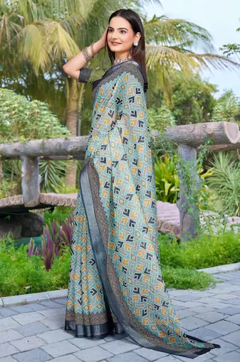 sea green cotton blend digital print saree