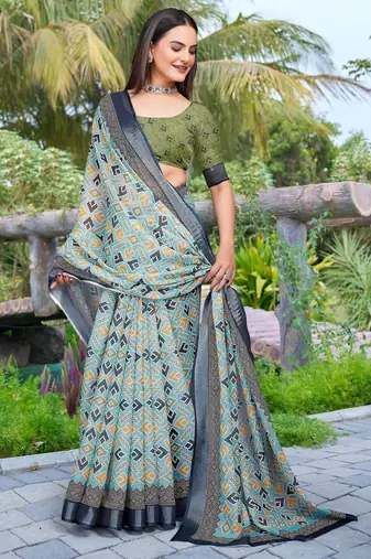 sea green cotton blend digital print saree