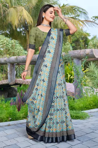 sea green cotton blend digital print saree