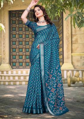 teal blue cotton blend saree with polka floral print 1