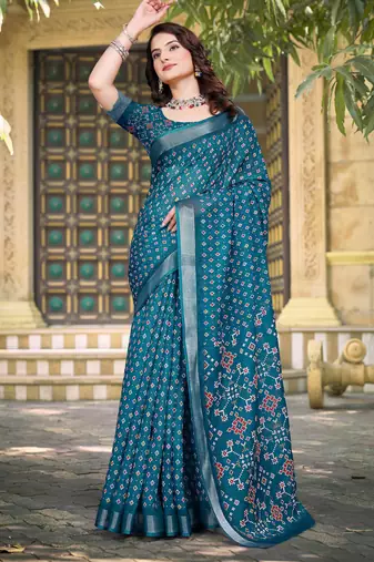 teal blue cotton blend saree with polka floral print (sfcl124)