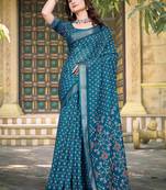 teal blue cotton blend saree with polka floral print