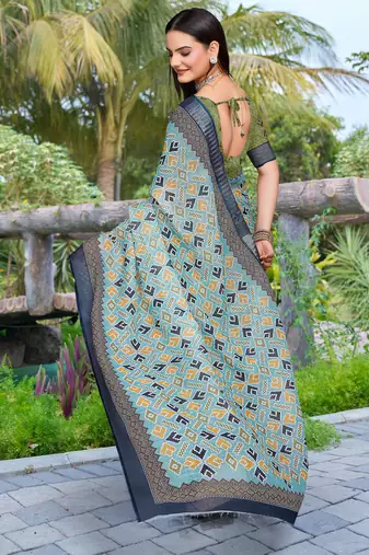 sea green cotton blend digital print saree