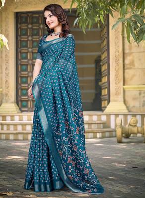 teal blue cotton blend saree with polka floral print 2