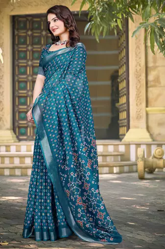 teal blue cotton blend saree with polka floral print (sfcl124)