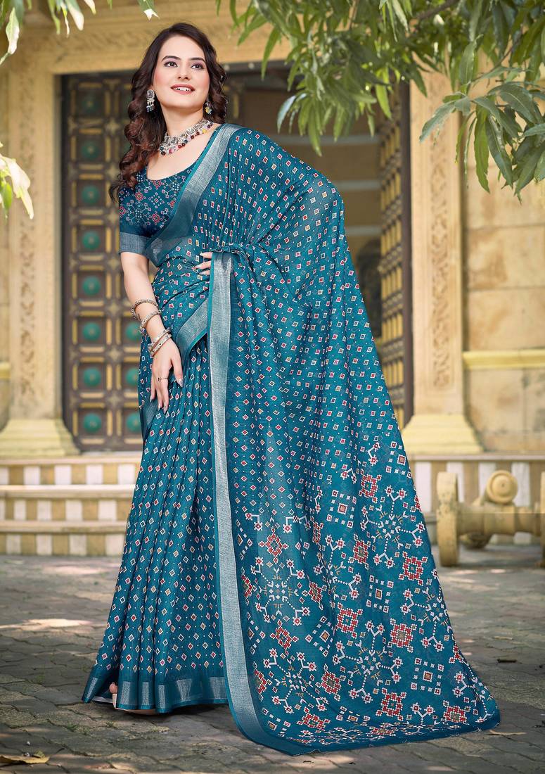 teal blue cotton blend saree with polka floral print