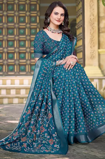 teal blue cotton blend saree with polka floral print (sfcl124)