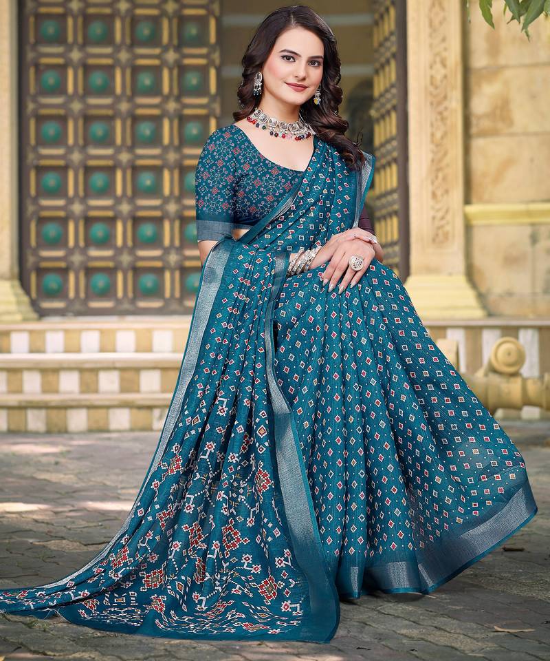 teal blue cotton blend saree with polka floral print