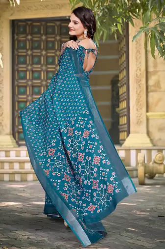 teal blue cotton blend saree with polka floral print (sfcl124)