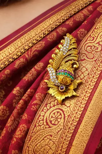 Traditional Indian Paisley Saree Pin with Ruby, Emerald CZ Accents – Ethnic Bridal Brooch