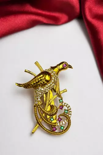 Gold Peacock Saree Brooch, Indian Bridal Jewelry, Stone Accent Accessory