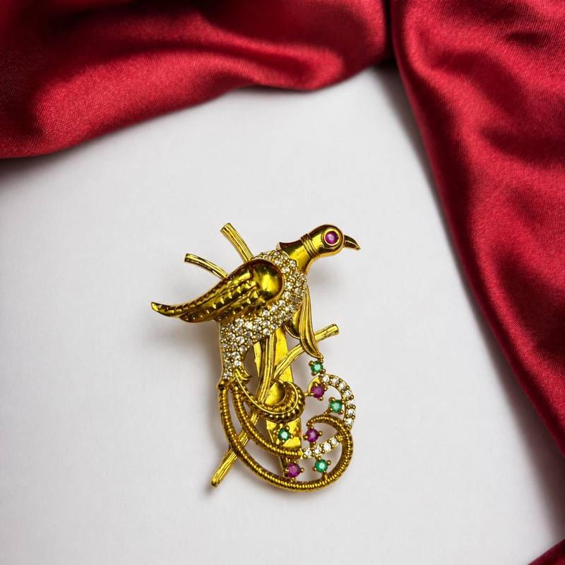 Gold Peacock Saree Brooch, Indian Bridal Jewelry, Stone Accent Accessory