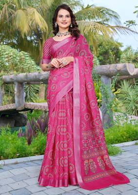 pink cotton blend saree floral print 1