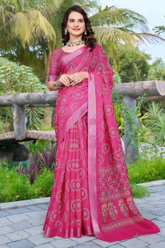 pink cotton blend saree floral print