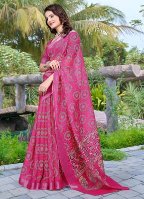 pink cotton blend saree floral print 2