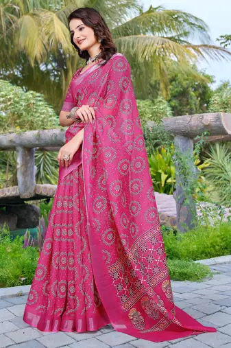 pink cotton blend saree floral print