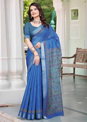 blue cotton blend saree floral print (sfcl122) 1