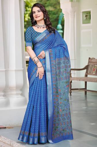 blue cotton blend saree floral print
