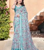 sky blue cotton blend saree with floral print