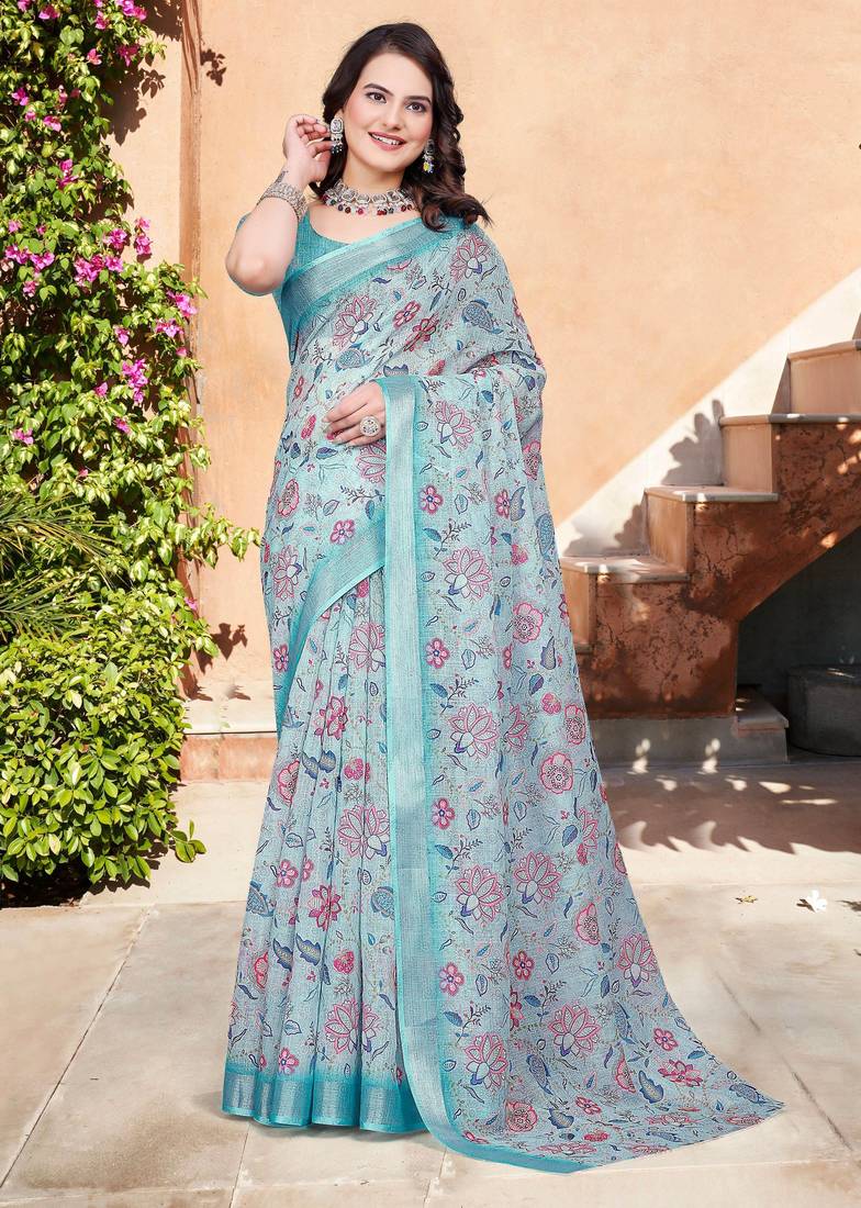 sky blue cotton blend saree with floral print
