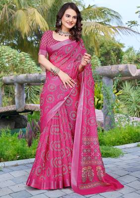 pink cotton blend saree floral print 3