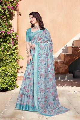 sky blue cotton blend saree with floral print 2
