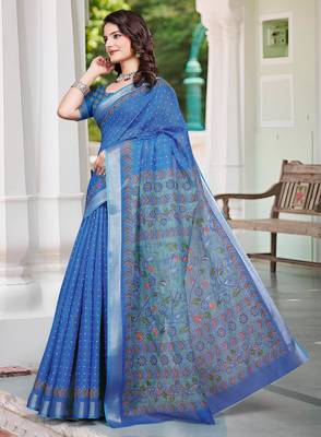 blue cotton blend saree floral print (sfcl122) 2