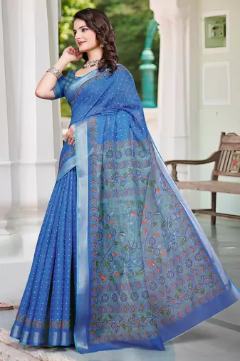 blue cotton blend saree floral print (sfcl122)
