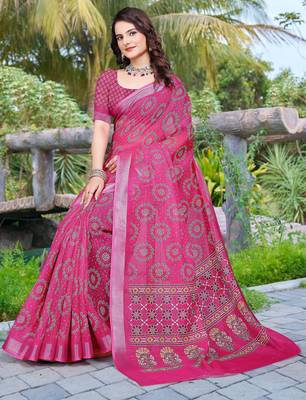 pink cotton blend saree floral print 4