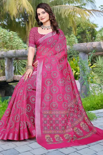 pink cotton blend saree floral print
